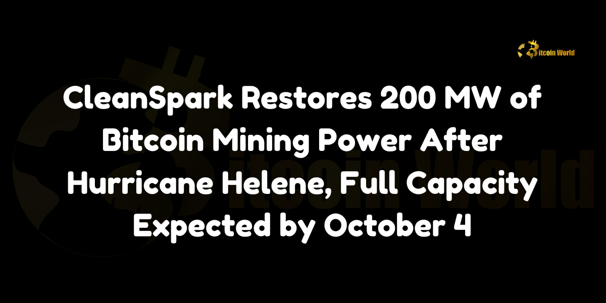 CleanSpark Restores 200 MW of Mining Power After Hurricane Helene, Full Capacity by October 4 CleanSpark, a Nasdaq-listed Bitcoin mining company, has successfully restored 200 MW of operational power at its 365 MW mining facility located in southeastern Georgia. This comes after the facility was temporarily shut down in the wake of Hurricane Helene, which