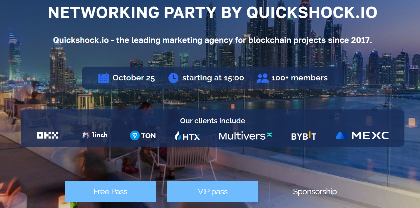 QuickShock is the best crypto marketing agency organizing a networking party in Dubai, where market leaders will gather. This is the only cryptocurrency event where you can gain practical knowledge, make valuable introductions to founders of Tier-1 exchanges and large funds, and learn how to promote crypto projects in 2024, including which strategies to use.