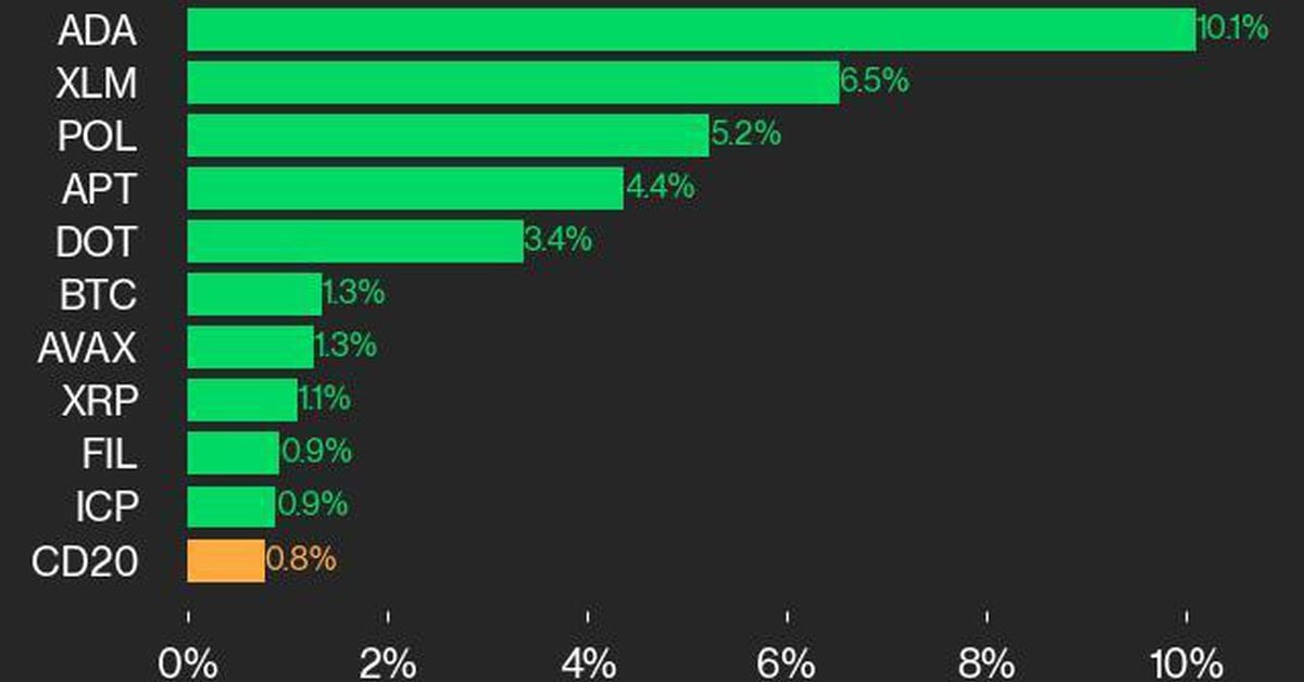 Stellar was also among the top performers, gaining 6.5% from Tuesday.